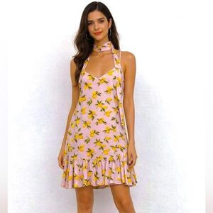 🌸 Anthropologie•YUMI KIM Destiny Dress – Lemon Print Pink Ruffle Mini (NWT) 🌸